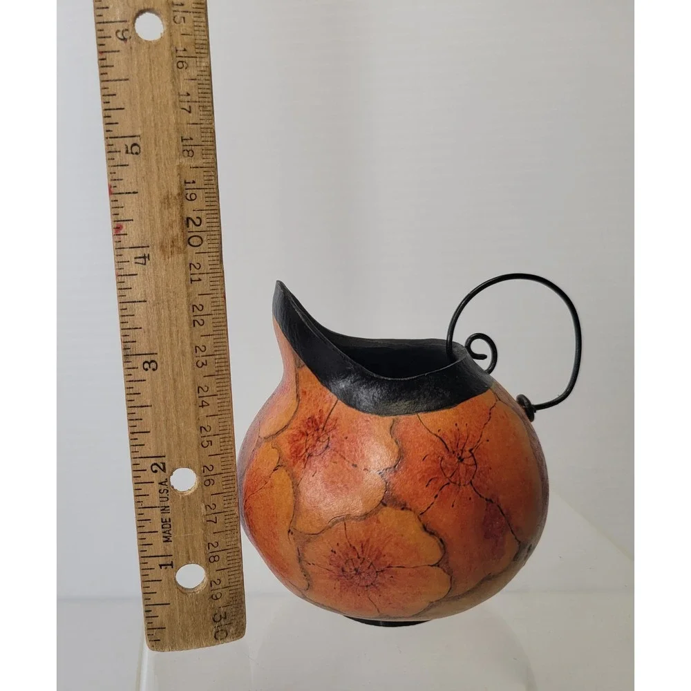 VTG Handcrafted Real Gourd Pitcher Vase Folk Art Floral w/ Handle 3 1/2